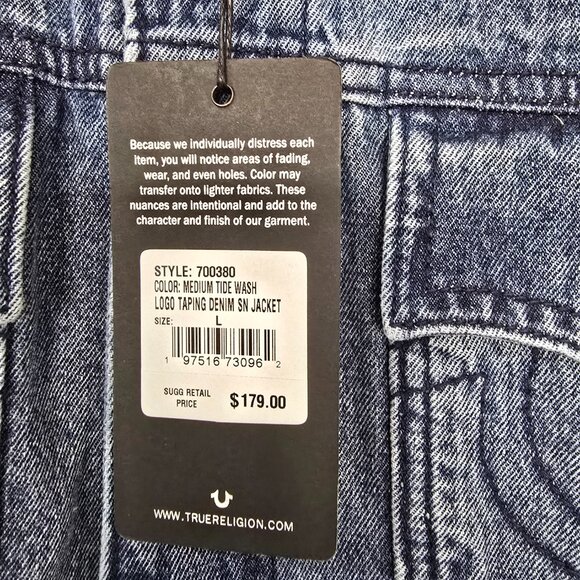 True Religion Men's Logo Taping Denim SN Jacket Tide Wash Color Size Large NWT - Picture 3 of 9